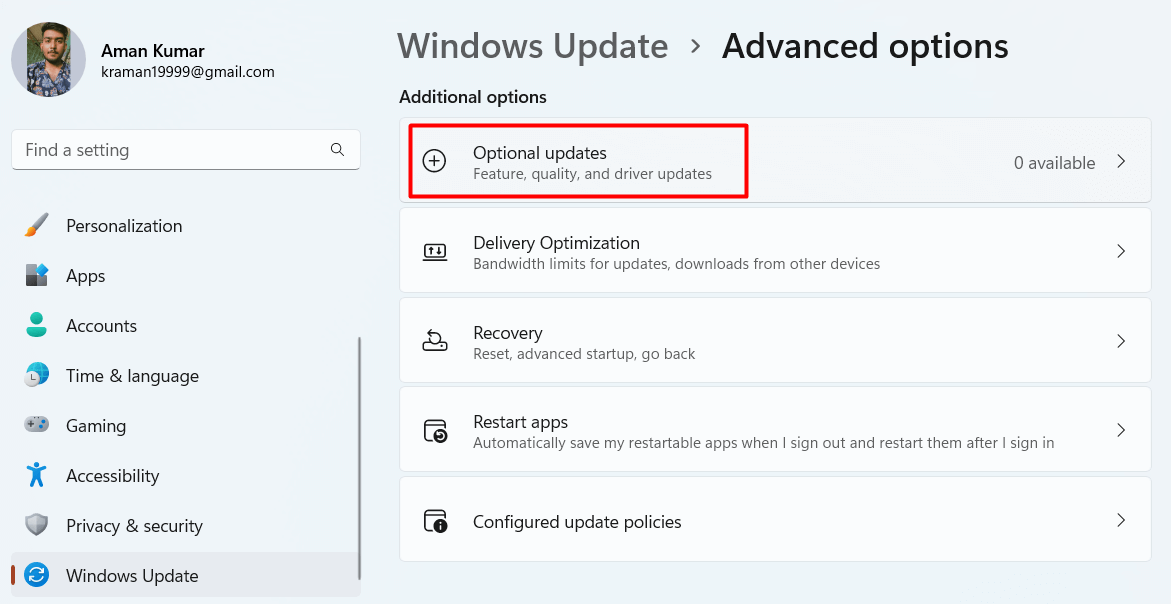 "Optional updates" highlighted in Windows Update.