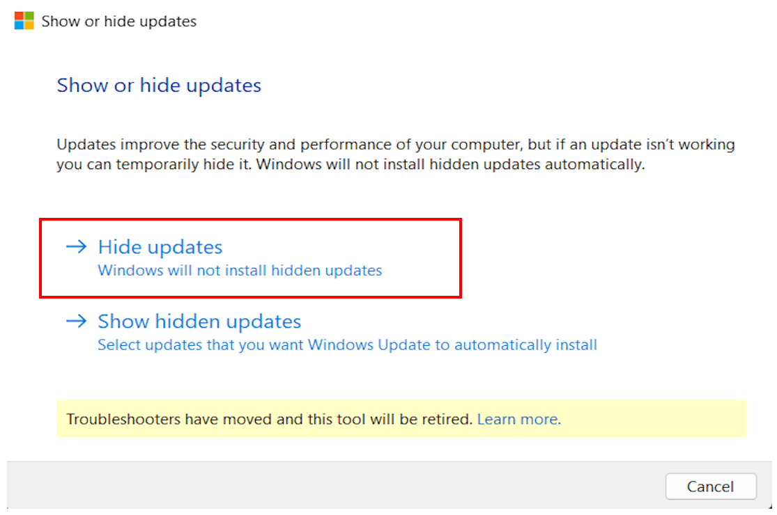 "Hide updates" highlighted in the "Show or hide updates" tool.