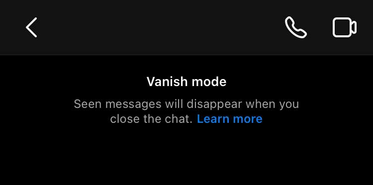 "Vanish mode" prompt in Instagram.