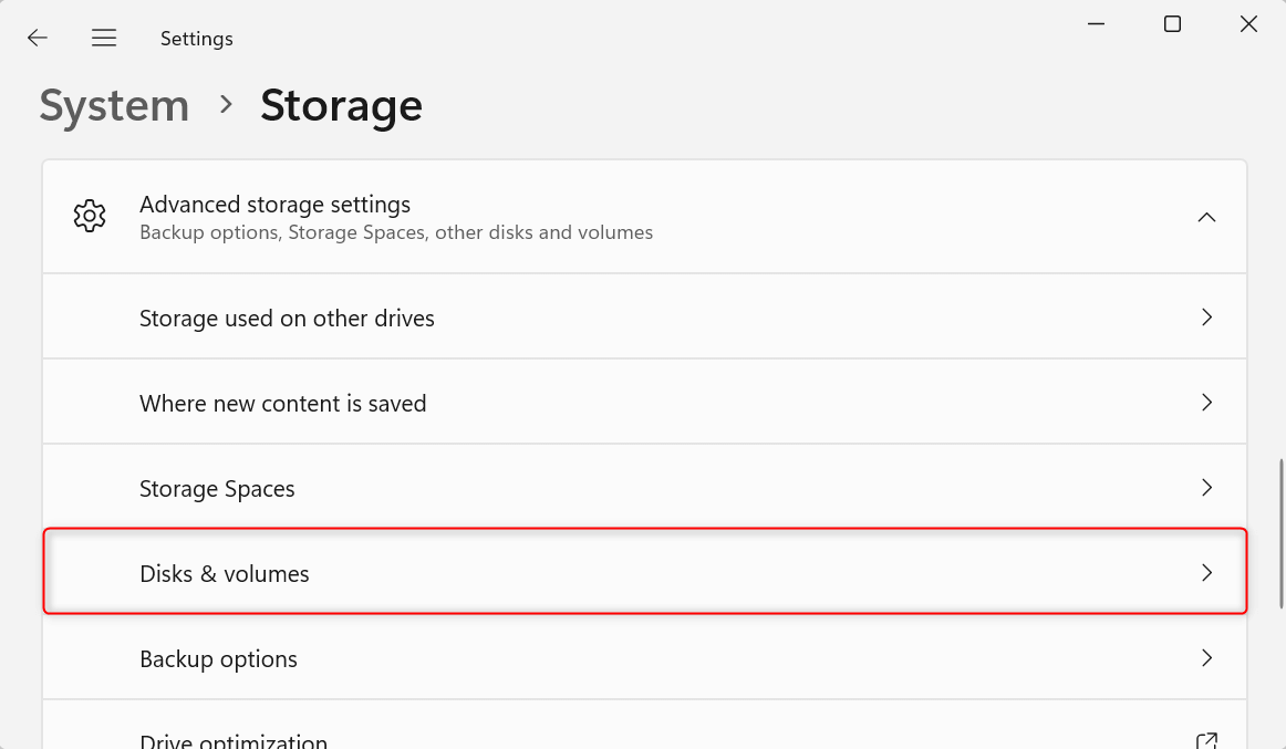 "Disks & volumes" highlighted in the "Advanced storage settings" menu.