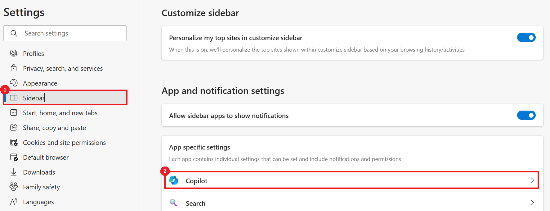 "Sidebar" and "Copilot" highlighted in Edge Settings.