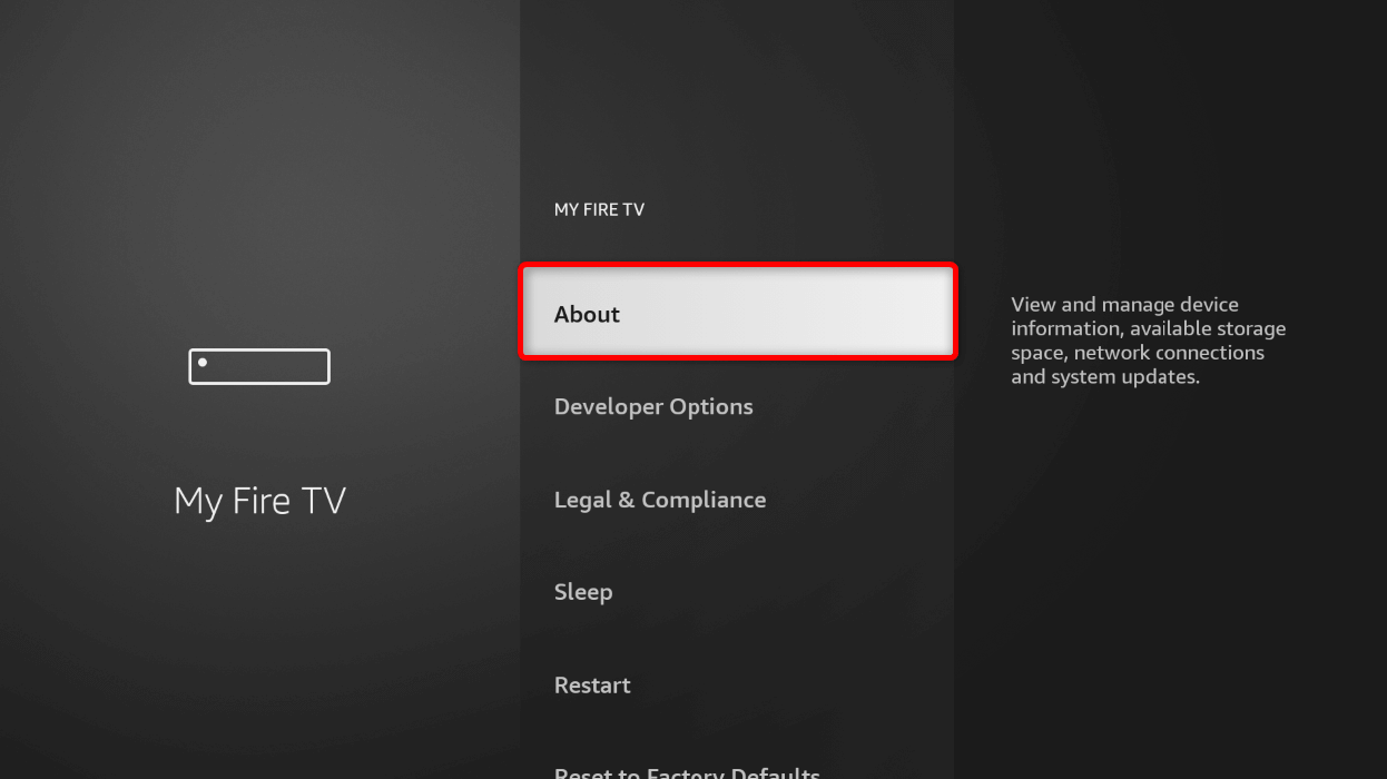 "About" highlighted in the "My Fire TV" menu.