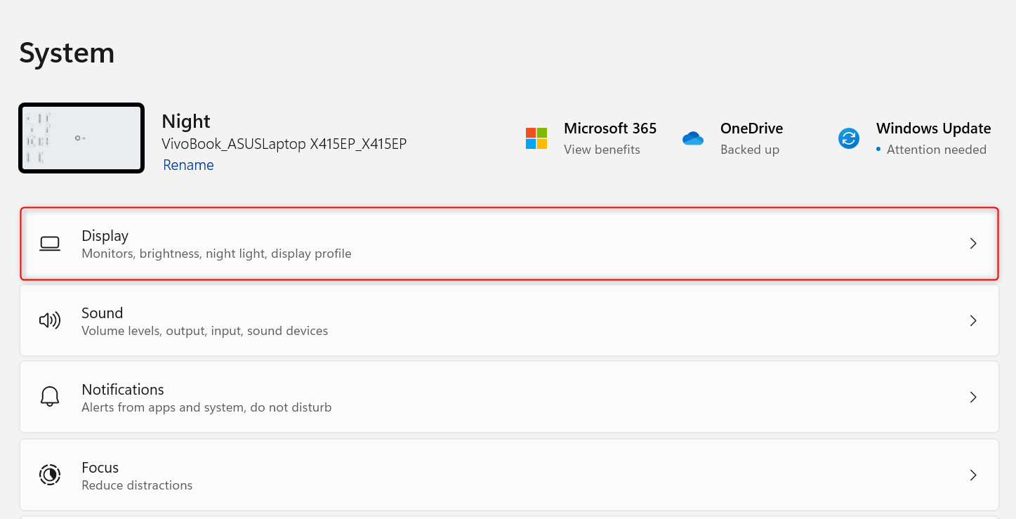 "Display" highlighted in Windows 11 Settings.