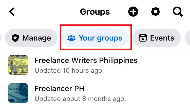 "Your groups" section highlighted in Facebook app.