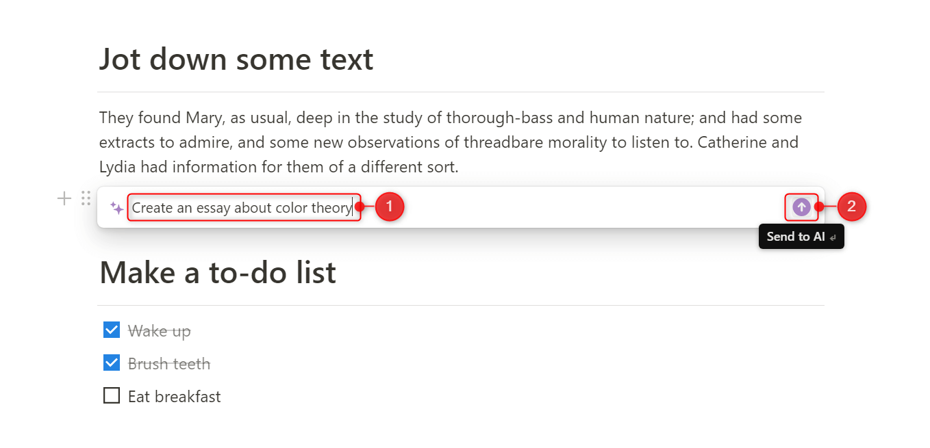 "Create an essay about color theory" and "Send to AI" highlighted in Notion.