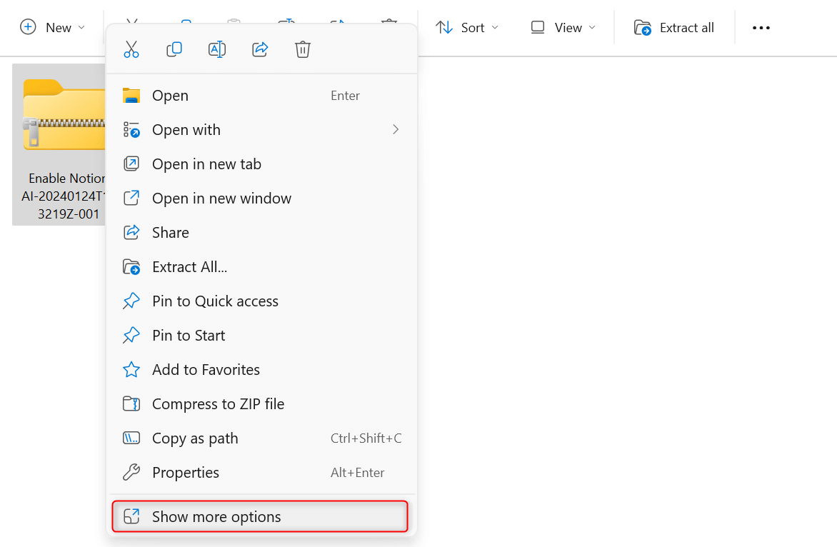 "Show more options" highlighted in right-click context menu.