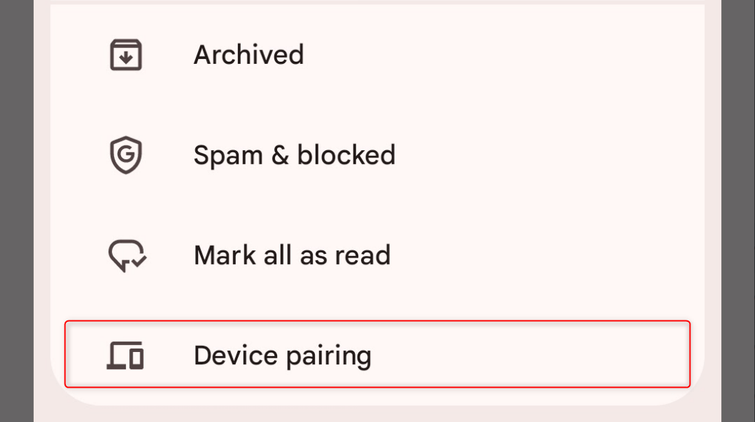 "Device pairing" highlighted in Google Messages.
