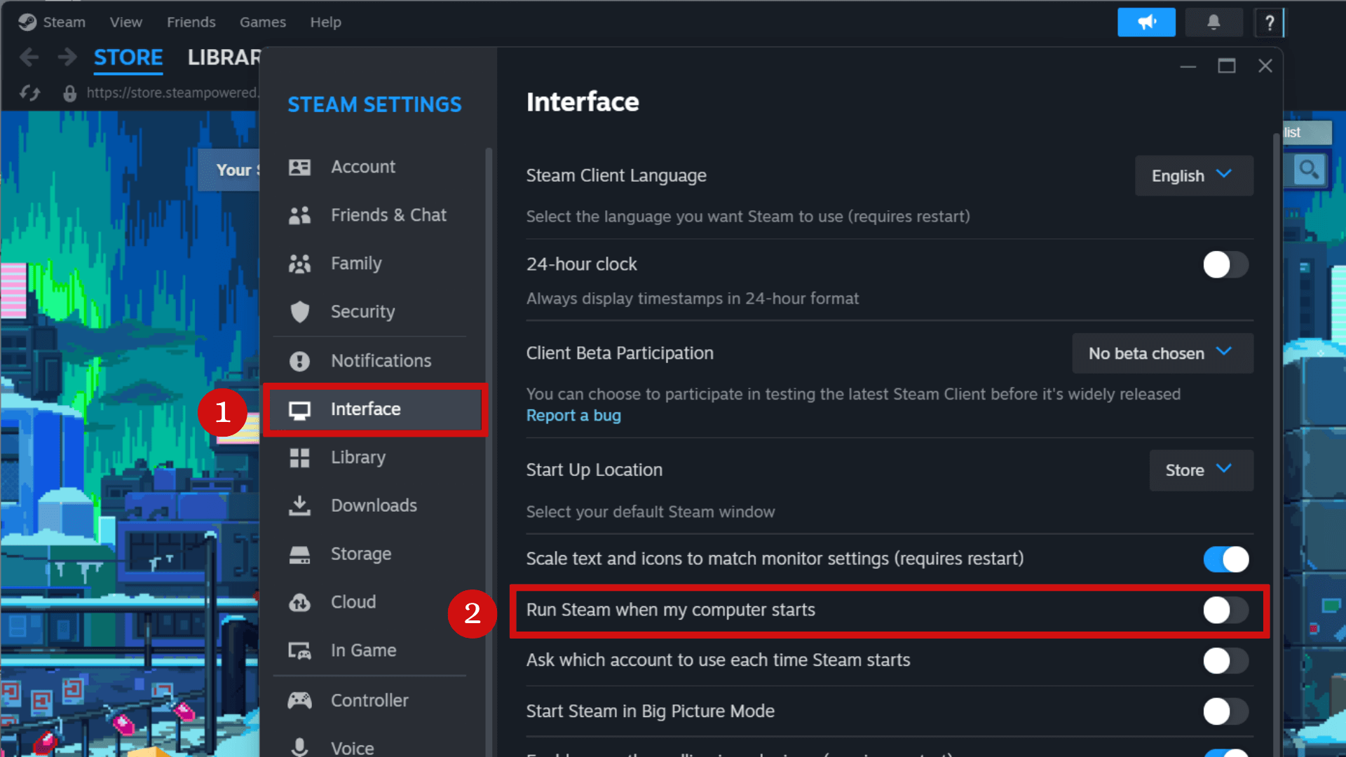 "Interface" and "Run Steam when my computer starts" highlighted in Steam Settings.