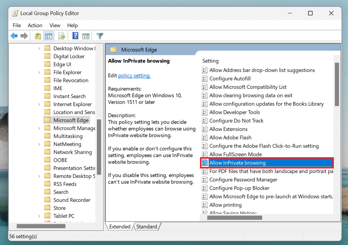"Allow InPrivate browsing" highlighted in Local Group Policy Editor.