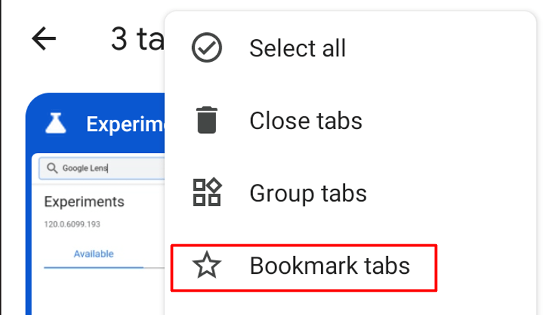 "Bookmark tabs" option highlighted in Google Chrome