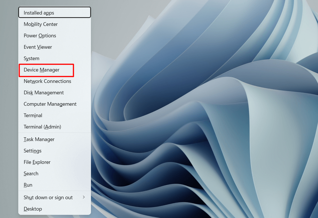 "Device Manager" highlighted in Power User Menu.