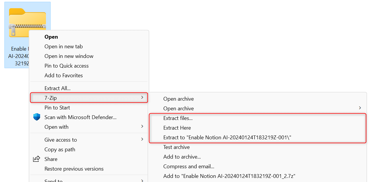"7-Zip" extraction methods highlighted in right-click context menu.