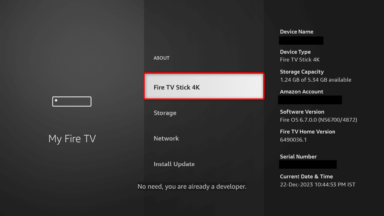 "Fire TV Stick 4K" highlighted in the "About" menu.