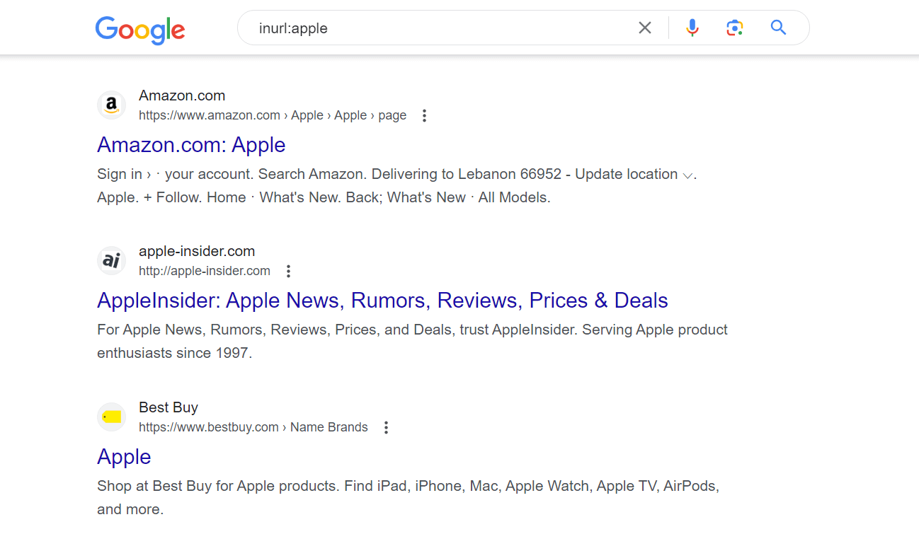 "inurl:apple" typed on Google Search.