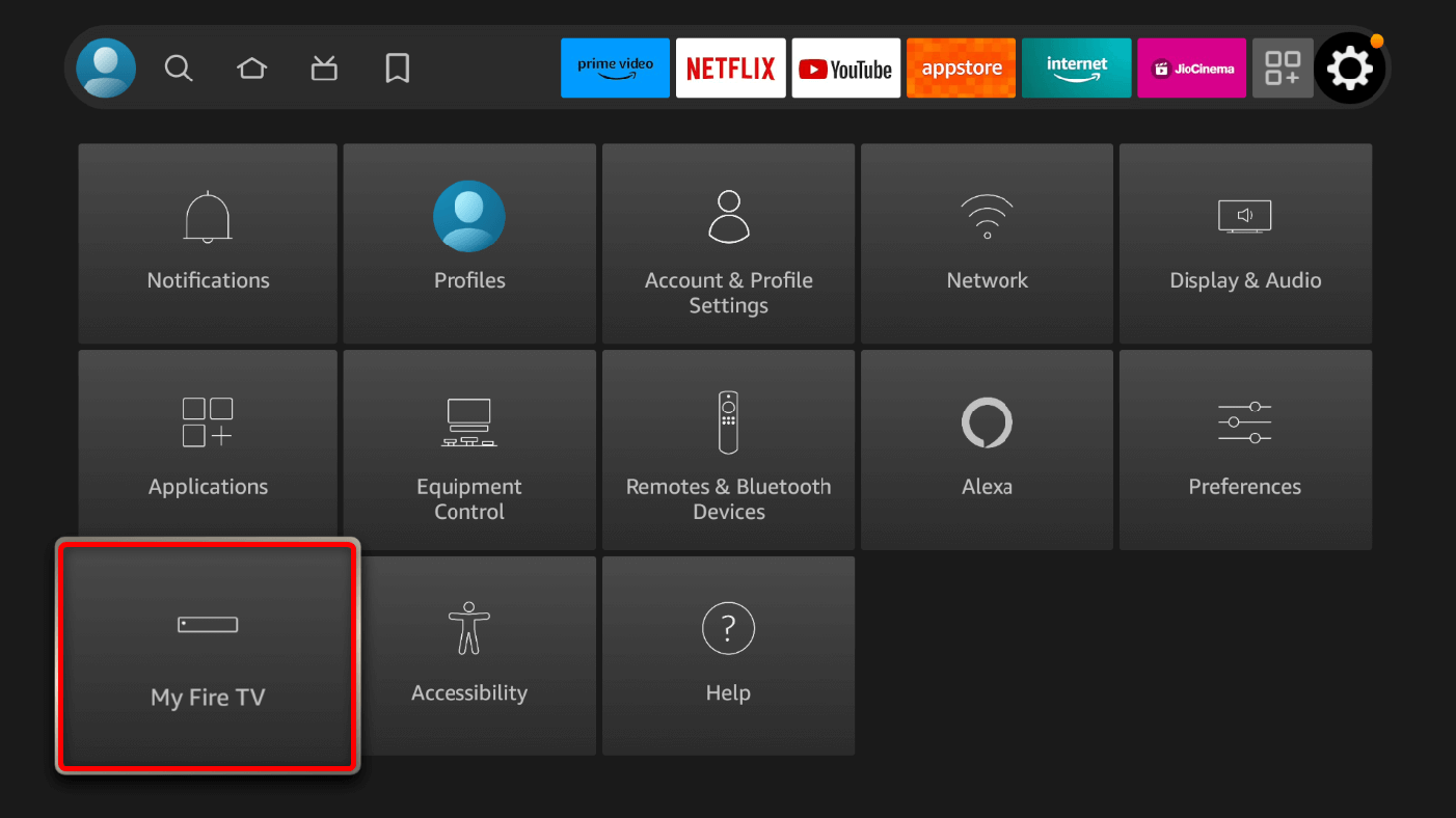 "My Fire TV" highlighted in Fire TV Stick Settings.