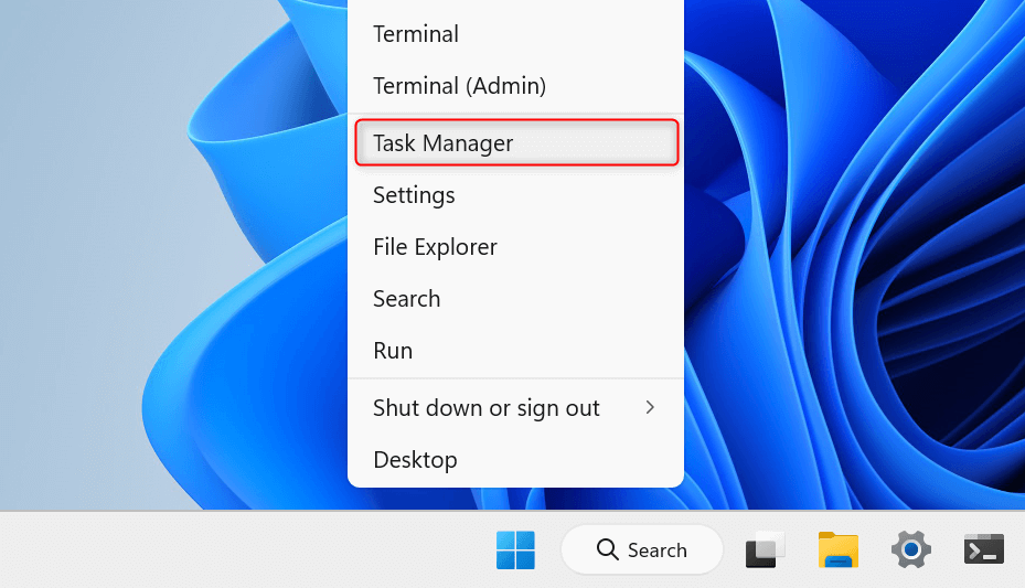 "Task Manager" option highlighted in Power User menu.