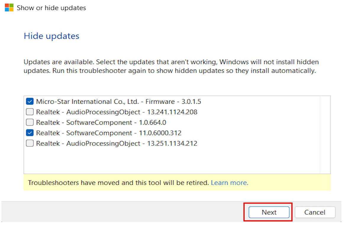 "Next" highlighted in the "Show or hide updates" tool.