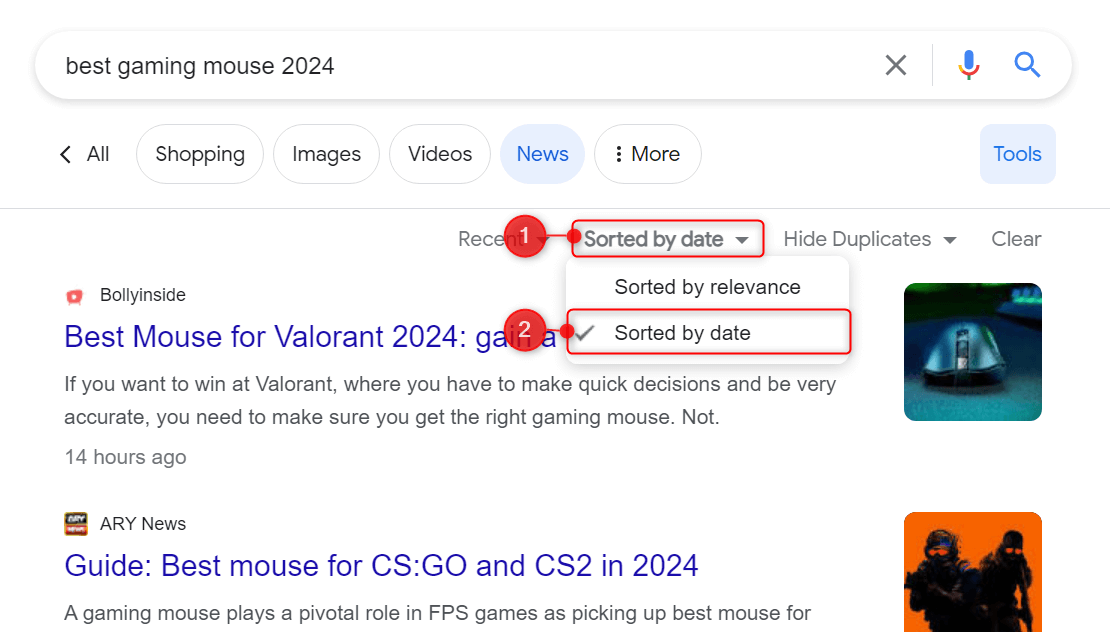 News sorting options on Google Search.