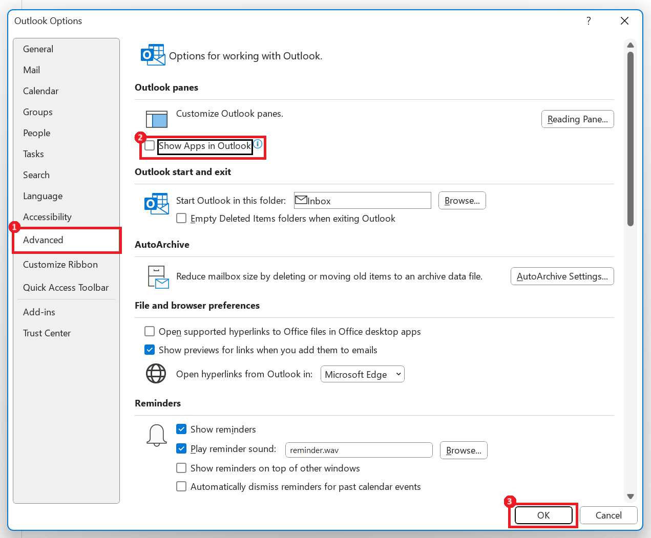 "Show Apps in Outlook" highlighted in Outlook Options pop-up menu