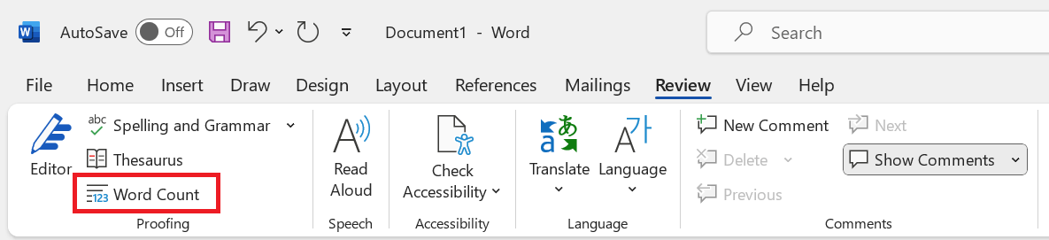 "Word Count" highlighted in Microsoft Word.