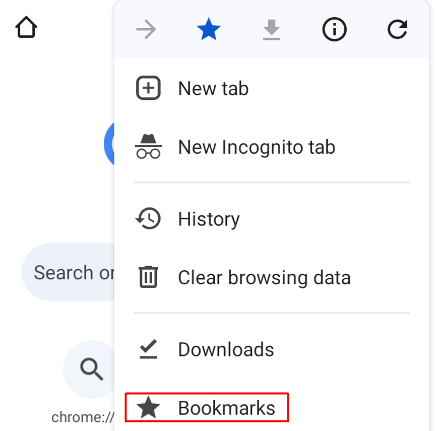 "Bookmarks" option in Google Chrome menu