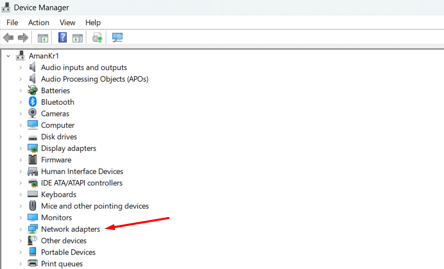 "Network adapters" highlighted in Device Manager.