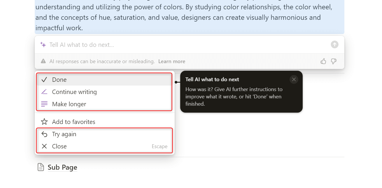 AI content editing options in Notion.