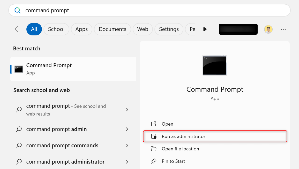"Run as administrator" highlighted in Windows search