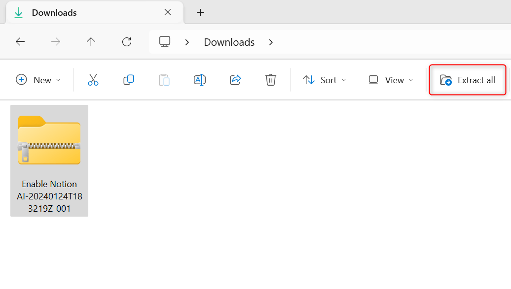"Extract all" button highlighted in File Explorer.