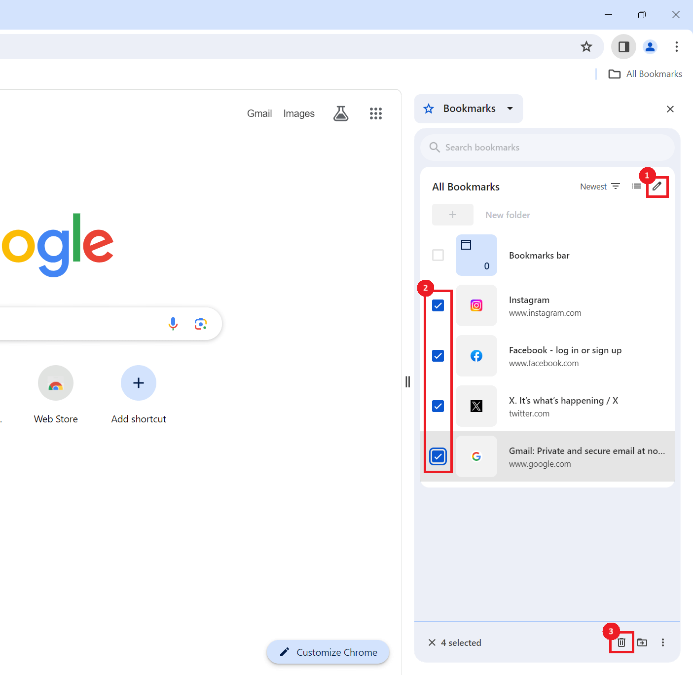 Selecting bookmarks in the Google Chrome Side Panel.