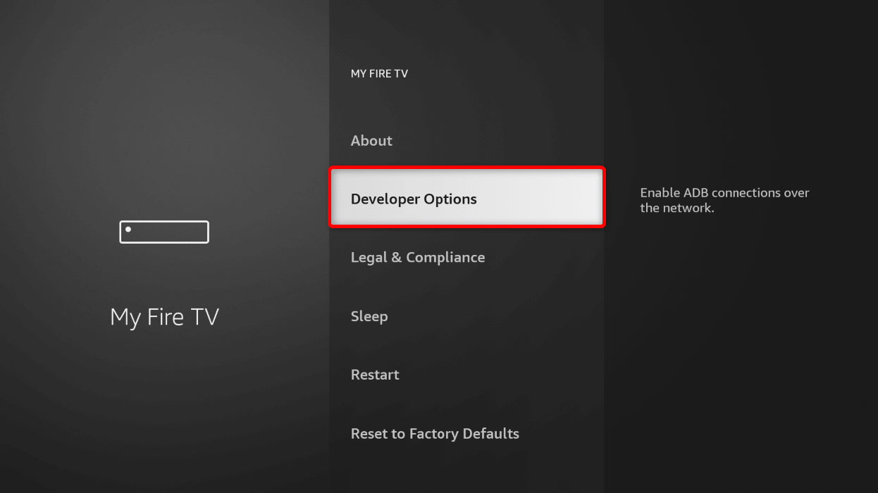"Developer Options" highlighted in the "My Fire TV" menu.