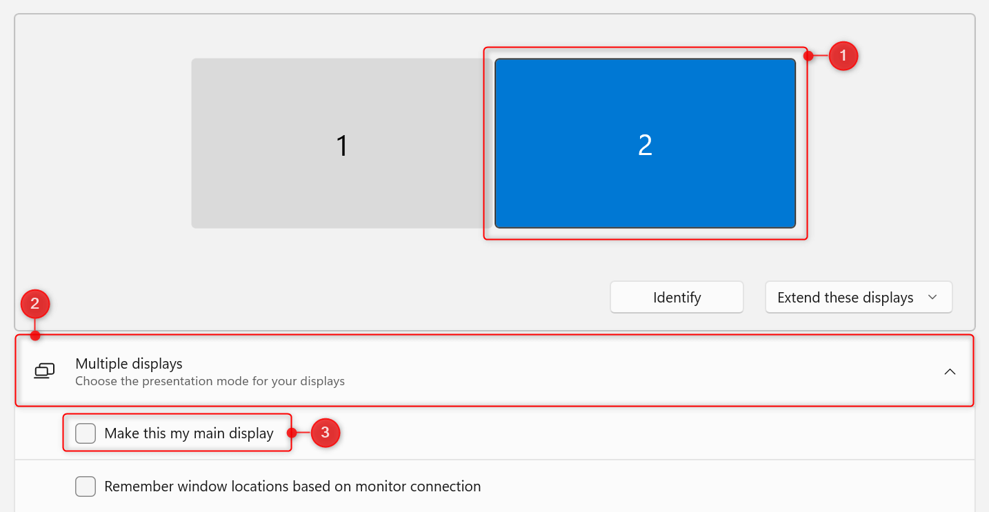 Set a display as the main in Windows 11 Settings.