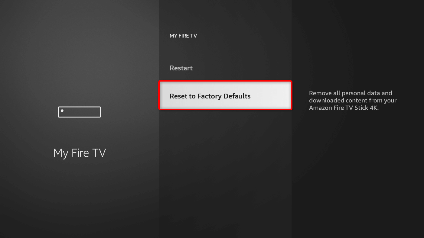 "Reset to Factory Defaults" highlighted in the "My Fire TV" menu.