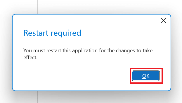 "OK" button selected in restart request dialog
