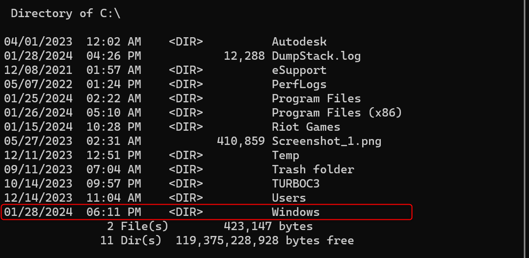 "Windows" directory highlighted in Command Prompt.