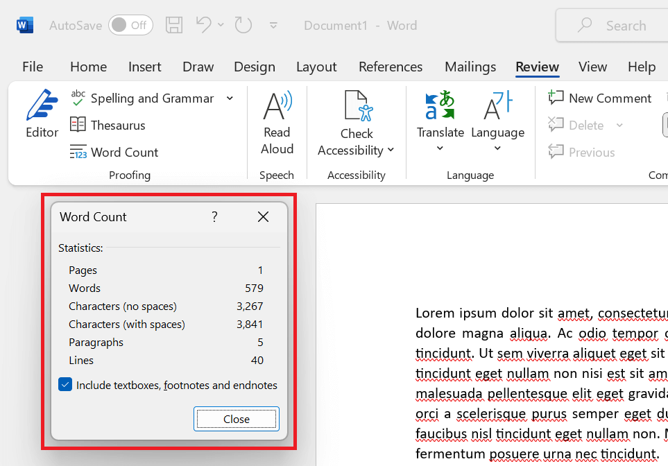 The "Word Count" window in Microsoft Word.