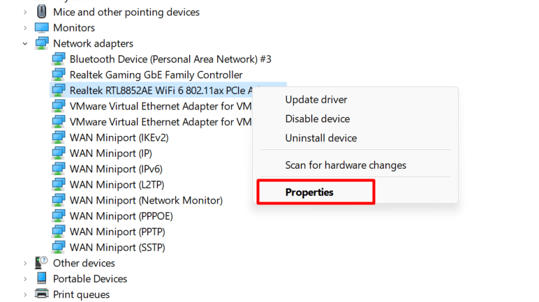 "Properties" highlighted for a network adapter.