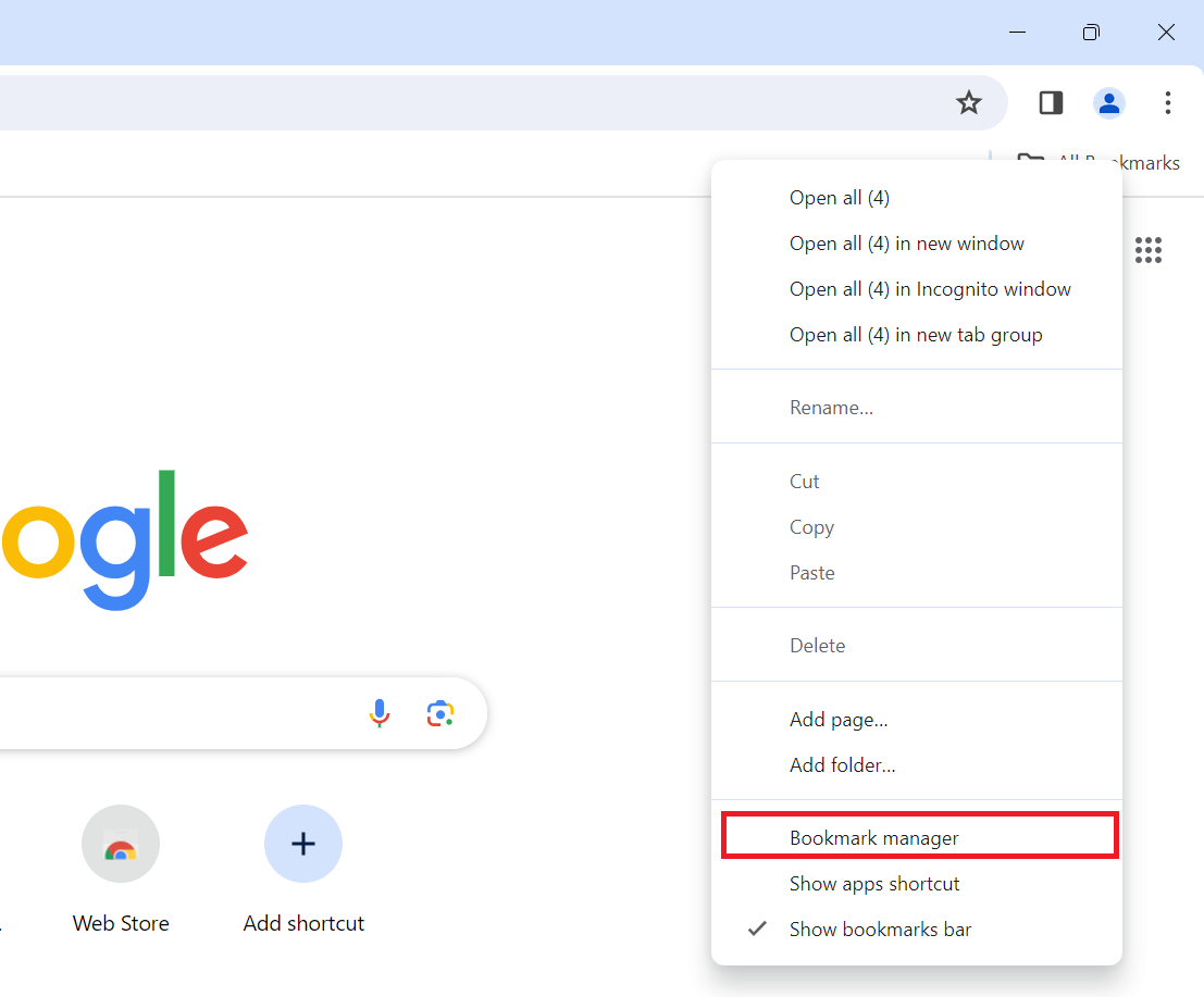 "Bookmark manager" option highlighted in Google Chrome.