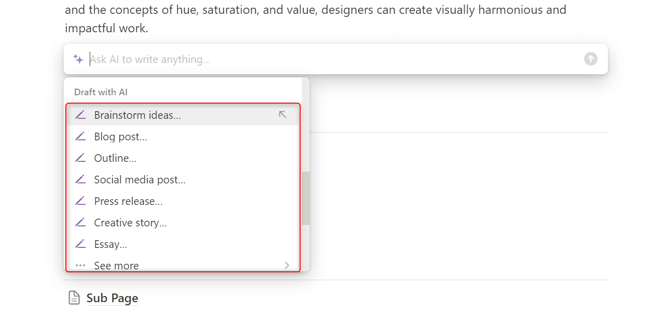 Notion's "Draft with AI" options.