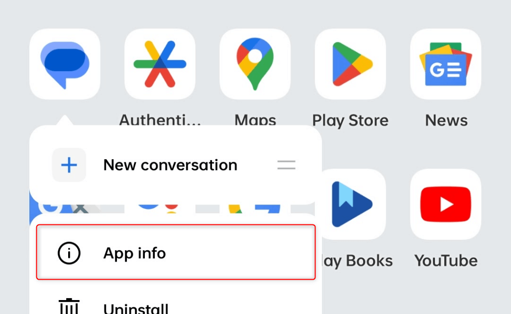 "App info" highlighted for Google Messages on Android.