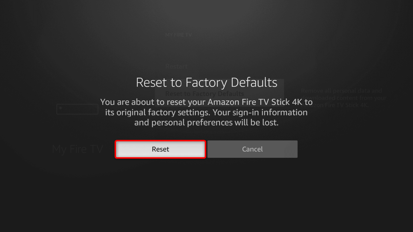 "Reset" highlighted in the "Reset to Factory Defaults" prompt.