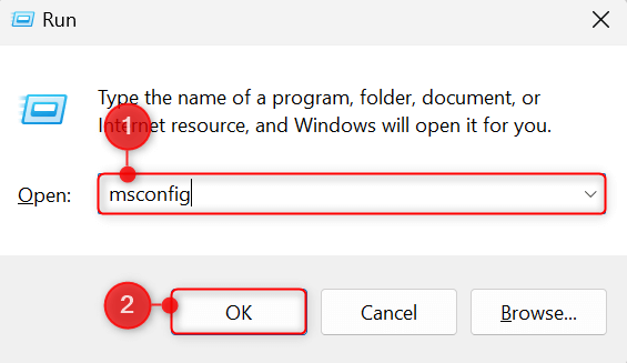 "msconfig" and "OK" button highlighted in Run utility.