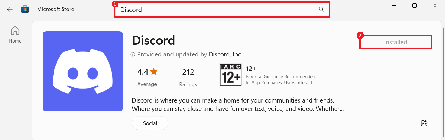 "Discord" app highlighted in Microsoft Store.
