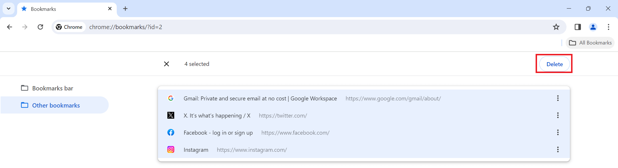 "Delete" option highlighted in Google Chrome Bookmark manager.