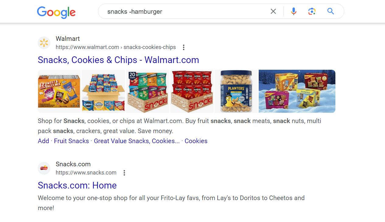 "snacks -hamburger" typed on Google Search.