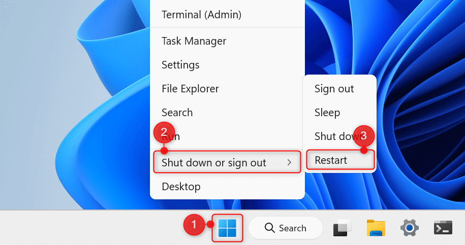 "Restart" option highlighted in WinX menu.