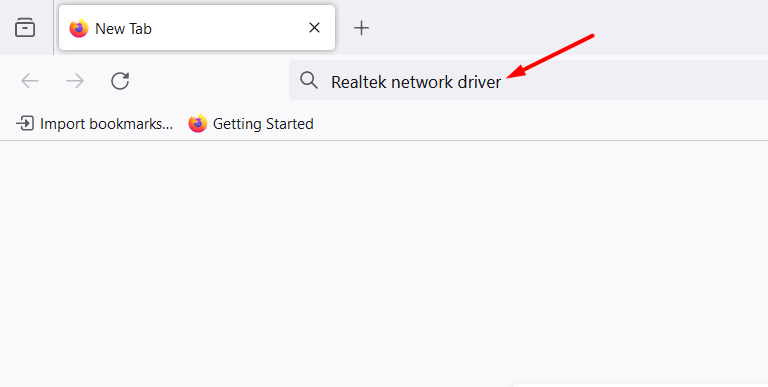 "Realtek network driver" typed in a web browser's address bar.