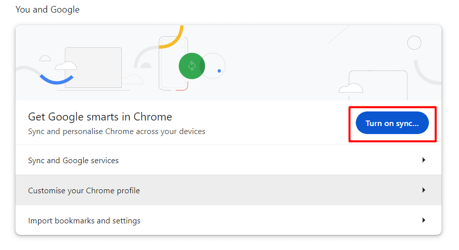 "Turn on sync" button in Chrome preferences