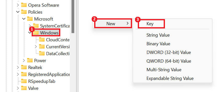 Windows > New > Key highlighted in Registry Editor.