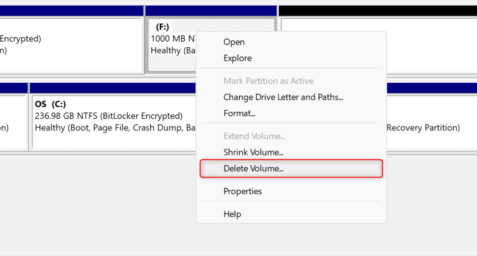"Delete Volume" highlighted for a partition.